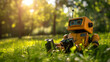 Robot lying on the green grass in park and relaxing in the sun, cute conceptual photography. Happy robot showing emotions and admiration to the Earth