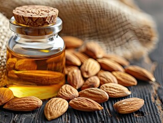 Nutty Almond Delight: Almond Oil in Glass Bottle and Roasted Almond Nuts - Tasty and Healthy Snack - Close-up of Almonds 