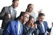 Happy business people laugh near laptop on a transparent background. Successful team coworkers joke and have fun together at work.