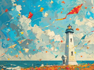 Wall Mural - A painting of a lighthouse with many kites flying in the sky