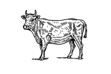 Wall Mural - Vintage Cow Vector Illustration: Engraved Sketch of Beef Farming Ink Logotype.