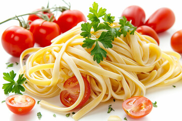 Wall Mural - Spaghetti pasta with tomatoes and parsley on a white background.