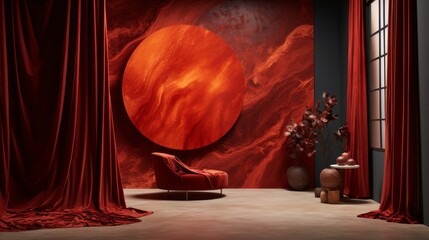 Red Dramatic Interior with Marbled Textures and Modern Furniture