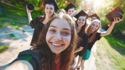 Wall Mural - Joyful graduation selfie, vibrant, youthful energy with fresh faces, perfect for campaigns about education, success, and youth culture