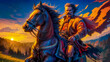 Cossack, riding horse with great pride and fearlessness at sunset, against a sweeping landscape of rolling hills, lush forests, and a vibrant sunset sky, evoking essence of Ukrainian folklore.