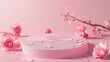 Pink podium with roses and water droplets on a pink background