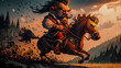 Folk character, the Cossack, riding proudly on horseback with an air of fearlessness and determination in sunset in cartoon and caricature style. Strong, defined facial features, piercing eyes, stern