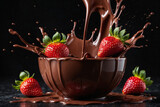 Fototapeta  - Chocolate splash with strawberry ai generated. Strawberries falling into the chocolate waves and drops. Generative AI