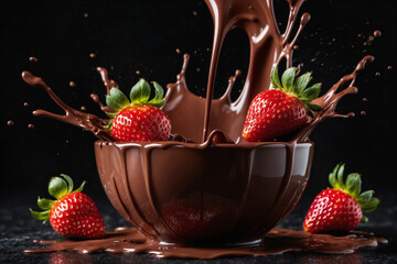 Sticker - Chocolate splash with strawberry ai generated. Strawberries falling into the chocolate waves and drops. Generative AI