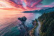 Sea to Sky Highway on Pacific Ocean West Coast. Aerial Panorama. Colorful Sunrise Sky.