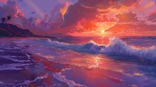 Tranquil Beach Sunset In D With Fiery Orange And Purple Hues