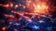 A close-up of an American flag surrounded by sparkling glitter and exploding fireworks in the background. displaying the patriotic spirit of the 4th of July.