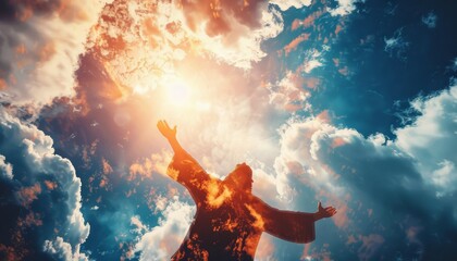 
The resurrected Jesus Christ, with open arms reaching out in the sky, embodies the concepts of love, faith, and salvation in this heavenly depiction.