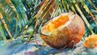 Capture a vibrant, tropical scene with a Tilted angle view of a plump, ripe coconut, bursting with freshness Using vivid watercolors, showcase it on sale with a sign that pops against the green palm l
