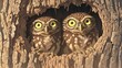 Two cute baby owls with big eyes peering out from their tree hollow
