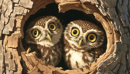 Two cute baby owls with big eyes peering out from their tree hollow