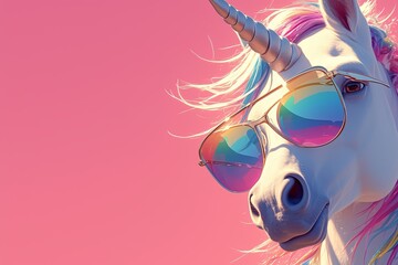 Wall Mural - Unicorn with rainbow sunglasses against pink background