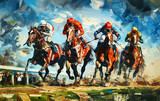Fototapeta  - Illustration in watercolor or acrylic style of the jockeys racing the horses at the race course.