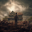 Zombi Apocalypse mit einem Zombi der vor einem Haus steht