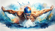 A swimmer wearing goggles and a swim cap powerfully strokes through the water, with dynamic splashes surrounding him. Focused and determined, he exhibits impressive strength and swimming technique.AI 