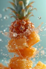 Poster - Generative AI : Tumbling spineapple juice, suspended in mid-air, soggy, with splashing water droplets, the background is pale blue