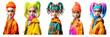 Cute girl character set in sylish look. Street fashion outfit girls on transparent background.