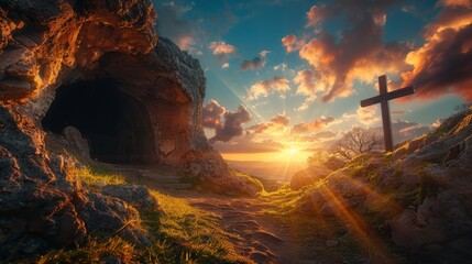 Wall Mural - Empty Tomb With Crucifixion At Sunrise - Resurrection Concept. Resurrection - Light In Tomb Empty With Crucifixion At Sunrise, easter , jesus , christian ,background