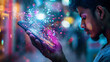 © Alina Tymofieieva - A man is holding a cell phone in his hand, and the screen is illuminated with colorful confetti. Holiday and spam concept.