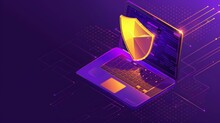 Online Security Concept With Isometric Modern, Open Laptop, Golden Shield Guarding Private Data On Screen, Purple Background With Digital Data Stream. Web Page Landing Page Showcasing Data Protection