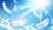 Fluffy soft feathers float in the air on a blue sky background with sun beams and lens flare. A poster of lightness and innocence, with fluffy soft feathers floating in the air, a realistic modern