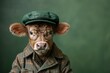 Portrait of a cow wearing a green beret and glasses.