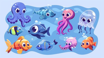 Wall Mural - A tropical aquatic fauna in modern format, with cute sea animals such as fish, octopus, jellyfish. Funny seahorses and puffer fish.