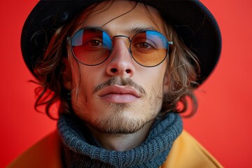 Wall Mural - Confident man with curly hair, wearing a fedora hat and transparent blue-rimmed glasses, red backdrop