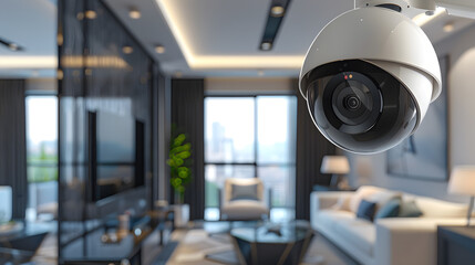 Security camera mounted on a living room in a house building wall for interior surveillance safety.