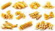© Mark - A set of dry macaroni and pasta, including penne, fusilli, rigatoni, conchiglie, farfalle, and chiferri isolated on white background, design elements for food advertising.