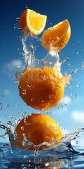 Poster - Generative AI : orange is dropped into water splash on white