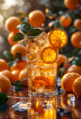 Wall Mural - Glass of orange juice with ice cubes and orange slices on glass table in sunny summer garden