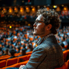 Canvas Print - Young man is sitting in auditorium and is watching presentation.