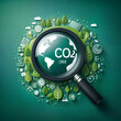 Magnifying glass with reduce CO2 emissions carbon symbol on green background for climate change to limit global warming and sustainable development created with generative ai