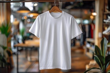 Generative AI : Mockup of white oversized t-shirt with round neckline hanging on hanger isolated on background