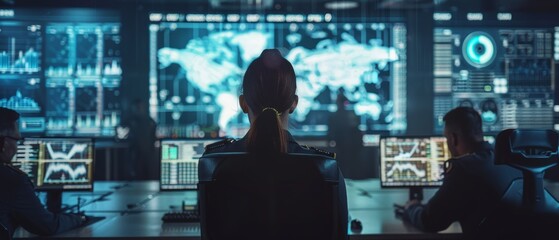 Military and Government Surveillance Agency Joint Operation. A female agent, a male military officer, as well as both male and female agents work at a system control center.
