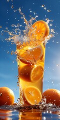 Poster - Generative AI : orange is dropped into water splash on white