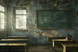 Broken black board.
Unhappy student in old classroom include old desks, a dusty blackboard, torn textbooks, and school.