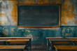 Uneducated and poor student on closed school. Broken black board.
Unhappy student in old classroom include old desks, a dusty blackboard, torn textbooks, and school.