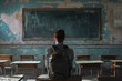 Uneducated and poor student on closed school. Broken black board.
Unhappy student in old classroom include old desks, a dusty blackboard, torn textbooks, and school.