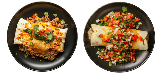 Delicious Mexican burrito with ground beef, cheese, and fresh salsa on a sleek black plate, Isolated on a transparent background