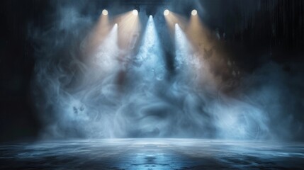 Wall Mural - Lights illuminate a stage. Empty scene with spot of light on the floor. Modern realistic illustration of a studio, theater or club interior with beams of lamps, smoke and glowing particles.