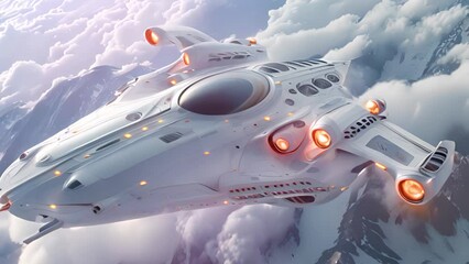 large white spaceship flying through cloudy sky. a large white spaceship soars through a cloudy sky.