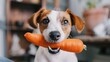 Adorable Puppy Cheerfully Holding Orange Carrot Treat in Mouth