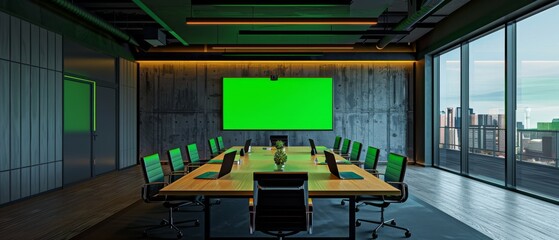 Poster - Modern Empty Meeting Room with Big Conference Table, Laptops, and TV on the Wall.